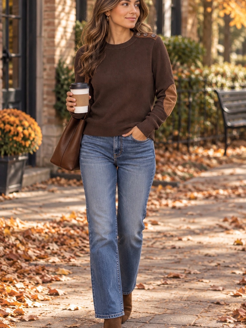 Ralph Lauren Brown Crewneck Sweater with Elbow Patches